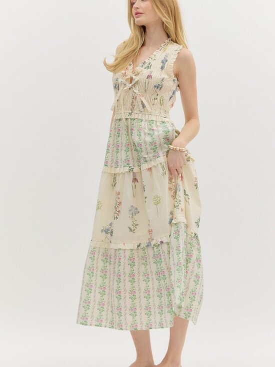 entro Dresses & Skirts - Multi Floral Print Maxi Dress with tie front and ruffle detail